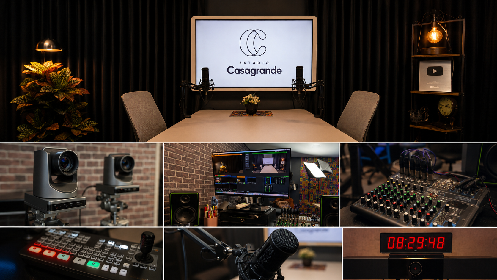 Mesa de operação técnica e equipamentos de gravação audiovisual
