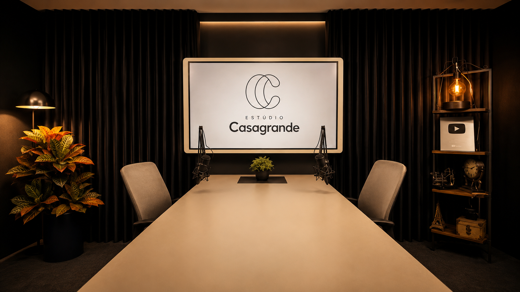 Estúdio profissional com mesa de podcast, câmeras, luzes e ambiente preparado para gravação